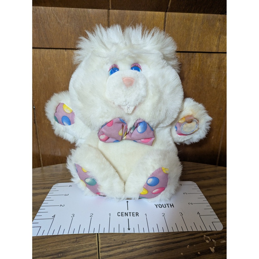 Vintage White Plush Bunny Rabbit Long Posable Ears Polka Dot Bow Tie 8 Inch